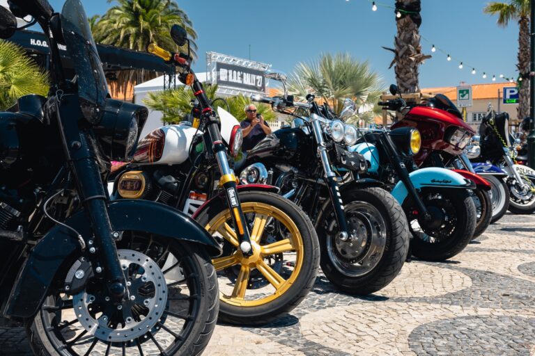 Diversas motocicletas Harley-Davidson customizadas e brilhantes exibidas sob o sol durante o European H.O.G. Rally em Cascais, Portugal, com público ao fundo.
