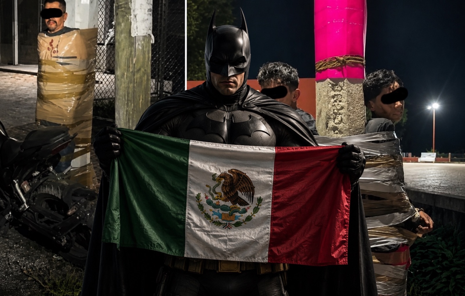 Homem encapuzado em postura heroica em meio à noite urbana com uma motocicleta ao fundo, simbolizando a figura do 'Batman Mexicano' combatendo o crime.