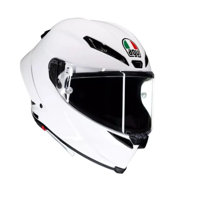 Capacete AGV Pista GP RR Mono White, integral, 100% fibra de carbono, visto de lado e levemente de frente, exibindo seu design aerodinâmico e o acabamento branco impecável, com detalhes de ventilação e spoiler traseiro.
