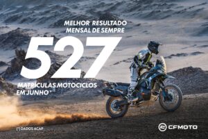 Uma motocicleta CFMOTO 800MT Touring em estrada sinuosa com paisagem montanhosa ao fundo, destacando a qualidade e aventura da marca.