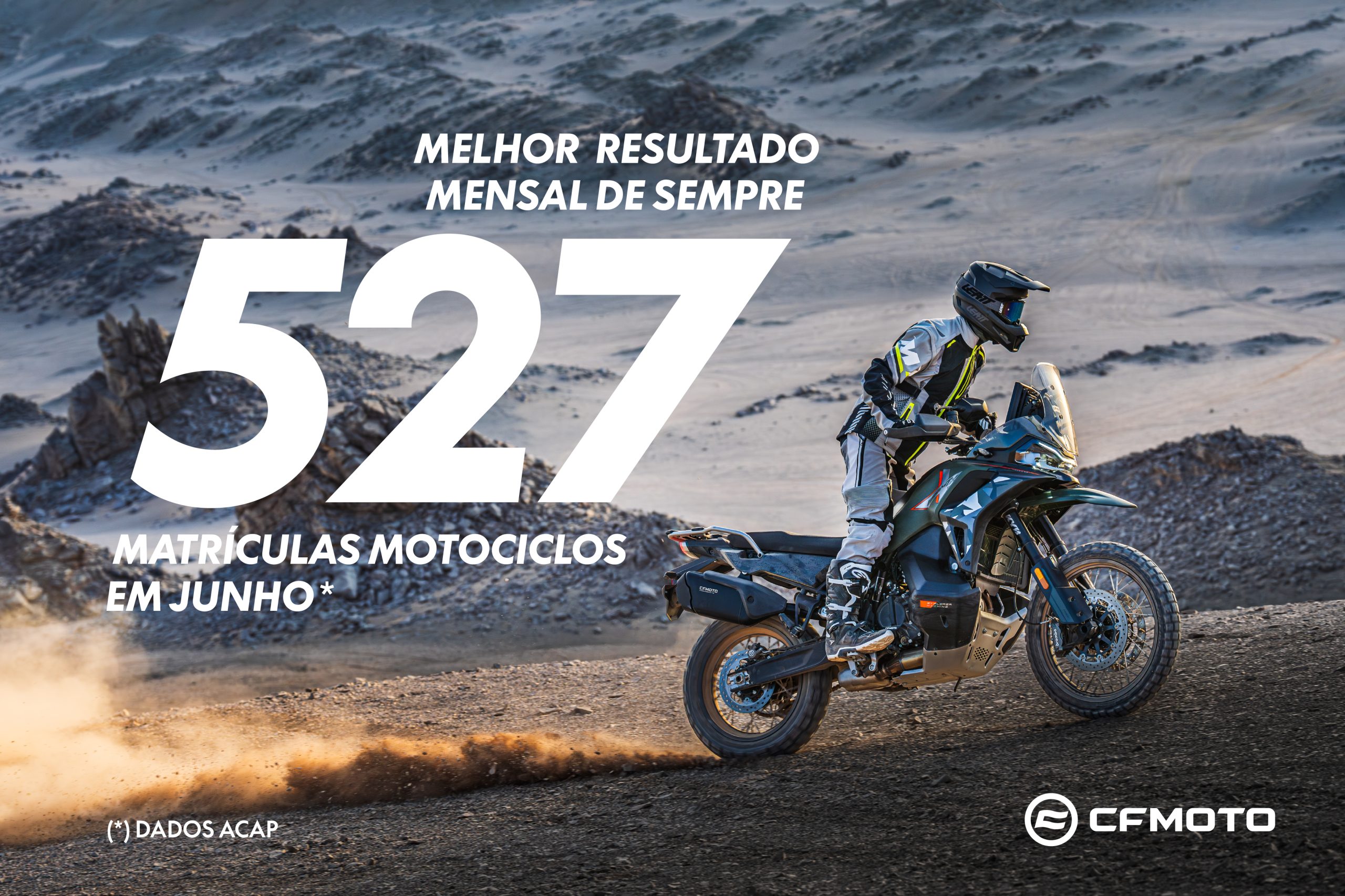 Uma motocicleta CFMOTO 800MT Touring em estrada sinuosa com paisagem montanhosa ao fundo, destacando a qualidade e aventura da marca.
