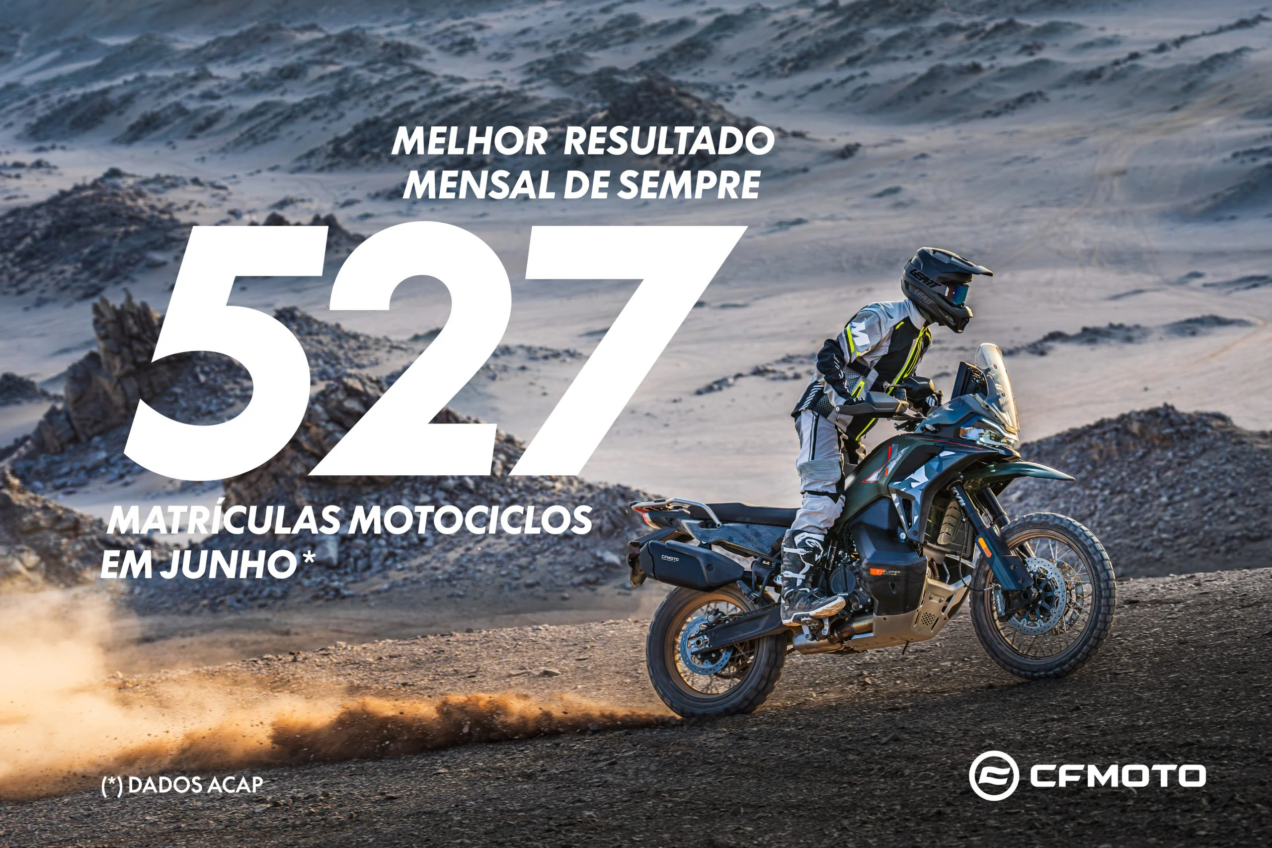 Uma motocicleta CFMOTO 800MT Touring em estrada sinuosa com paisagem montanhosa ao fundo, destacando a qualidade e aventura da marca.