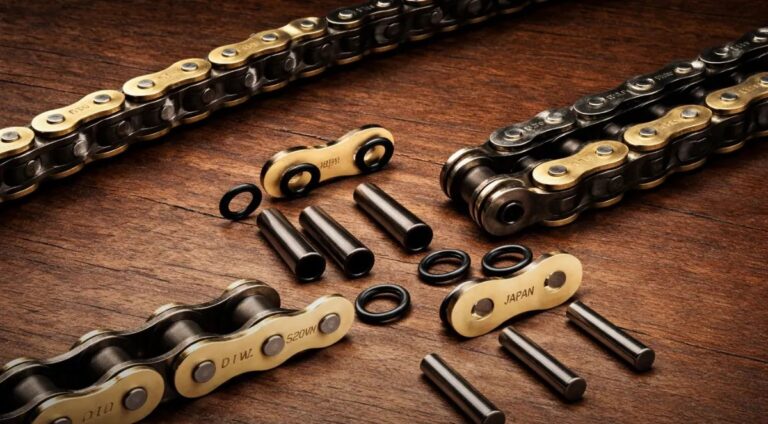 Ilustração detalhada de uma corrente de transmissão de motocicleta com anéis O-Ring e X-Ring, destacando as diferenças no perfil dos vedadores para otimização da durabilidade e eficiência.