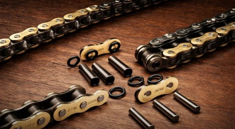 Ilustração detalhada de uma corrente de transmissão de motocicleta com anéis O-Ring e X-Ring, destacando as diferenças no perfil dos vedadores para otimização da durabilidade e eficiência.