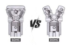 Ilustração técnica detalhada comparando a arquitetura de um motor de motocicleta com comando de válvulas DOHC (Duplo Comando de Válvulas no Cabeçote) e um motor SOHC (Comando de Válvulas Único no Cabeçote), mostrando suas respectivas complexidades e componentes internos.