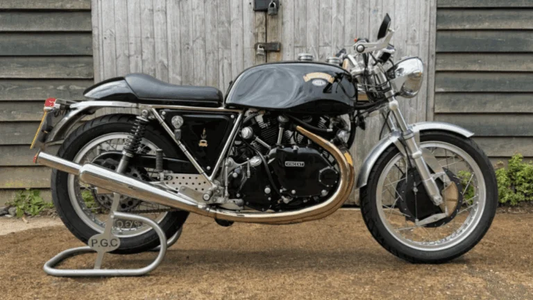 Detalhes de uma Egli-Vincent Sport GT 1330cc, destacando o motor V-Twin e o quadro customizado Egli, em um leilão de motocicletas clássicas no Reino Unido.