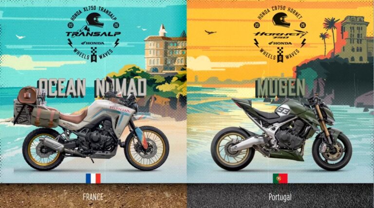 Duas motocicletas Honda, uma CB750 Hornet e uma XL750 Transalp, exibidas em um evento de personalização, representando o concurso Honda Customs 2026.