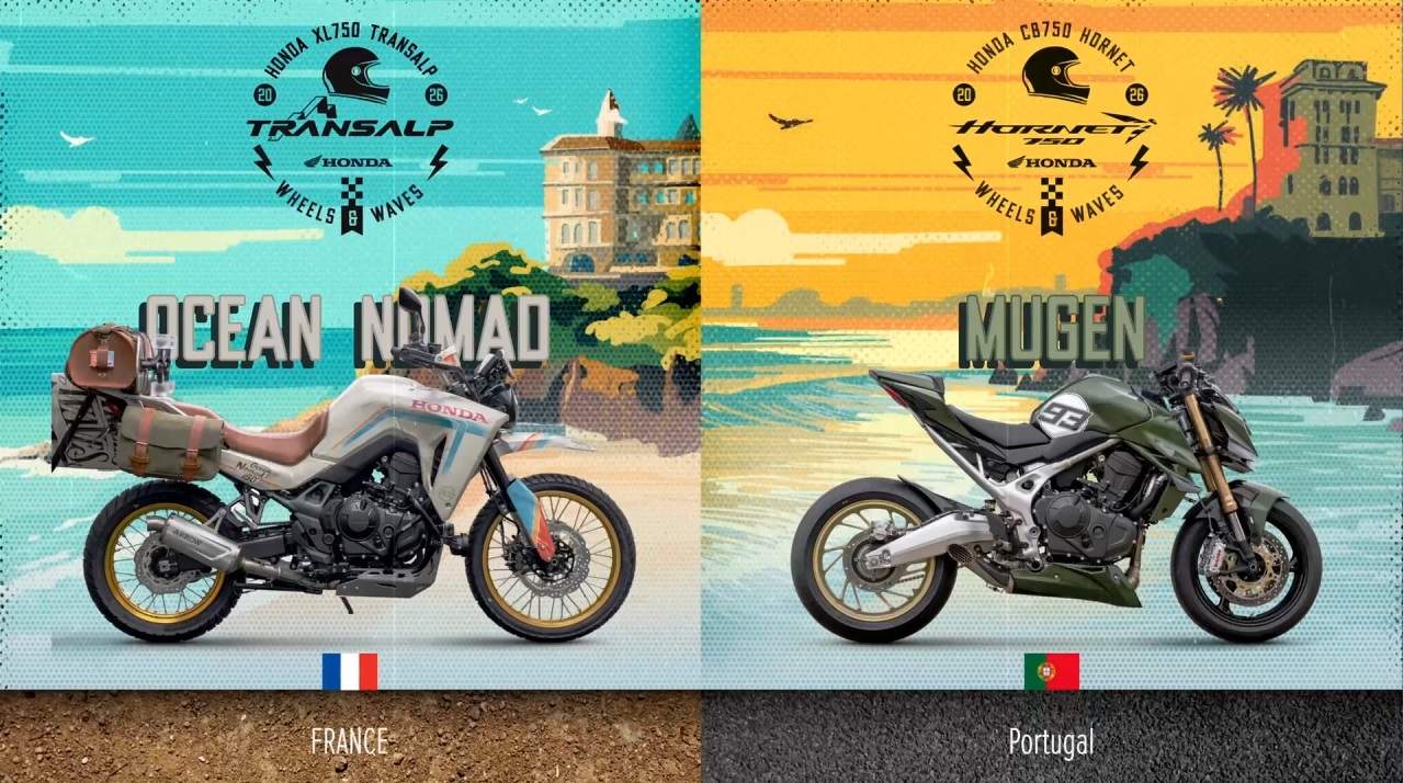 Duas motocicletas Honda, uma CB750 Hornet e uma XL750 Transalp, exibidas em um evento de personalização, representando o concurso Honda Customs 2026.