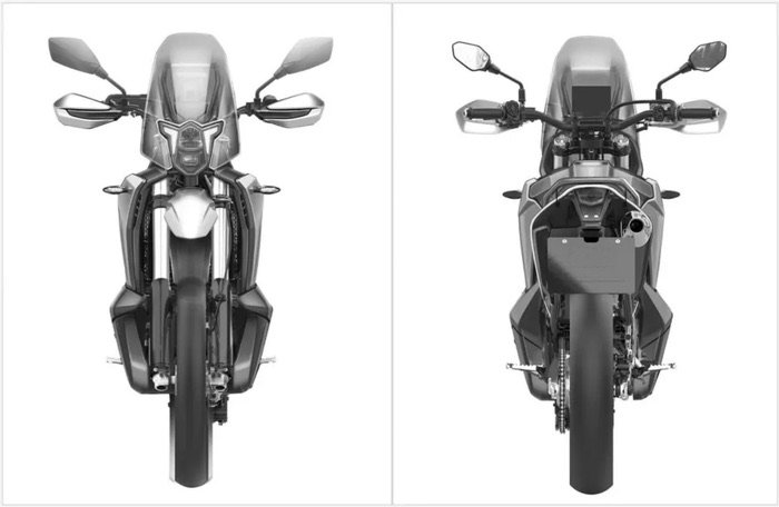 Renderização patenteada da motocicleta Kove 350 Rally em um ambiente off-road, destacando seu design robusto e características de rally.