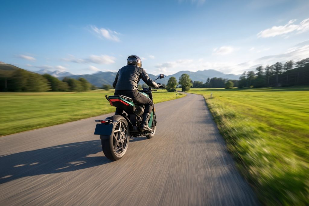 Moto elétrica Charged Ndara de perfil, exibindo seu design esportivo e futurista, com detalhes em azul e preto.