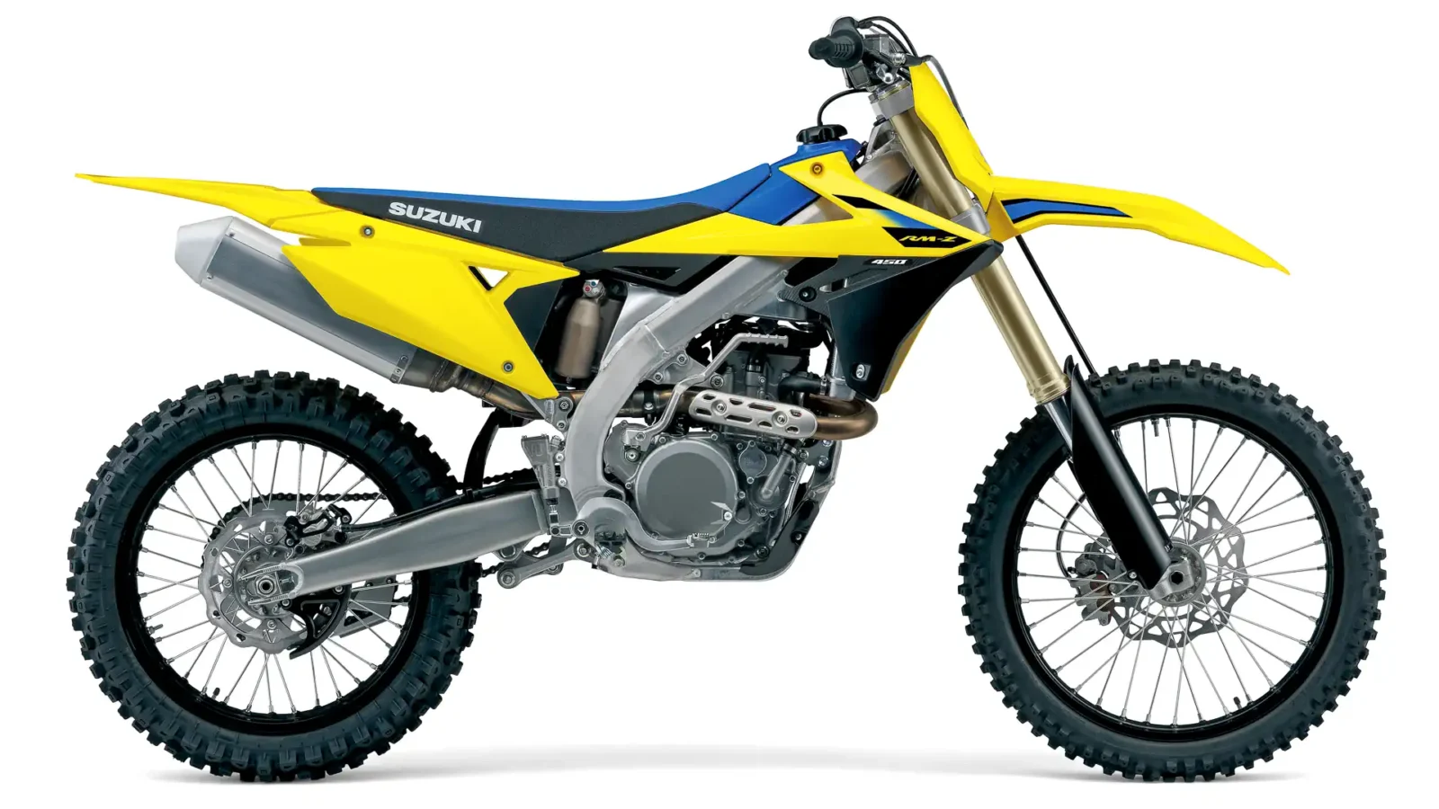 Suzuki RM-Z450 2027 em ação na pista de motocross, destacando a nova suspensão KYB e seu design agressivo e competitivo.