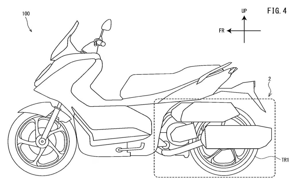 Detalhe da arquitetura mecânica de uma scooter híbrida Yamaha, mostrando o motor a combustão e os motores elétricos integrados.