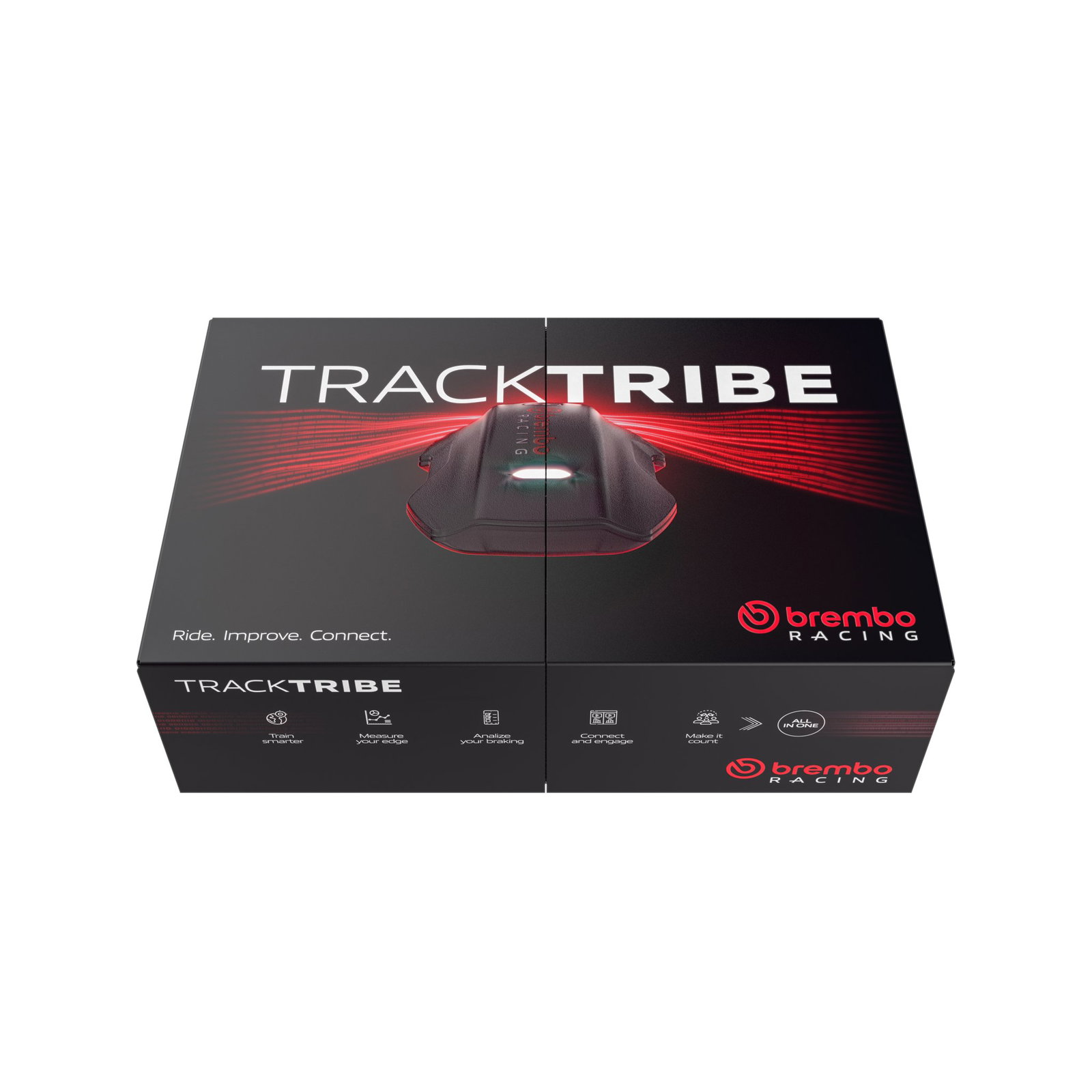 Sistema Brembo TrackTribe sendo exibido, destacando sua interface digital e o prestigioso troféu Red Dot Award, simbolizando a inovação em monitoramento de dados para motociclismo.