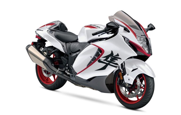 Detalhes da carenagem da Suzuki Hayabusa 2027 em sua nova edição especial, mostrando o design aerodinâmico e a pintura exclusiva.
