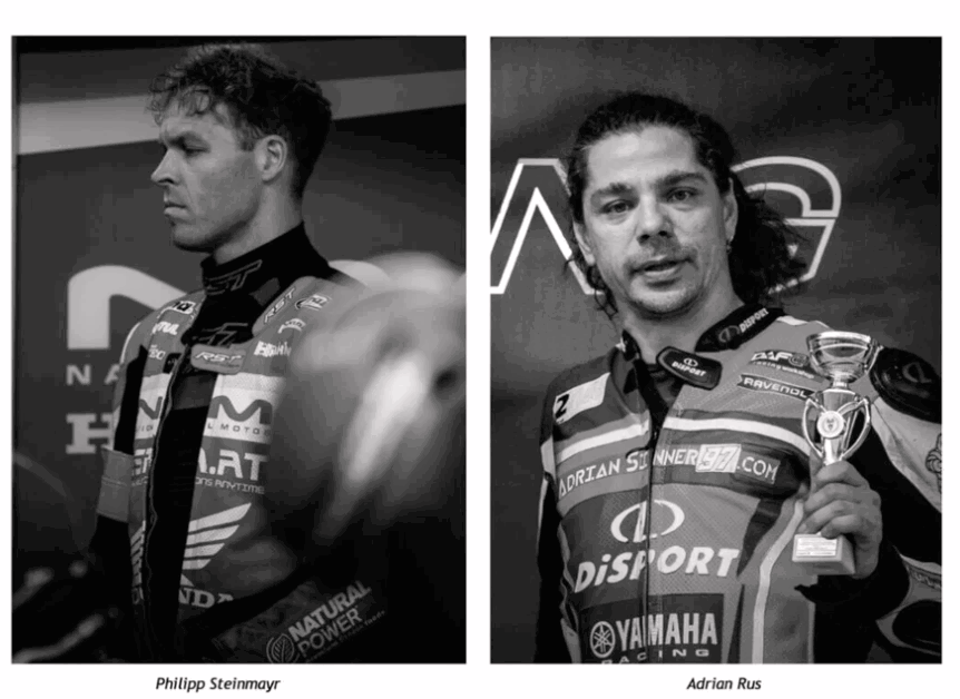 Dois pilotos de motociclismo em alta velocidade durante uma corrida FIM no circuito de Brno, República Tcheca, momentos antes de um trágico acidente que resultou em suas mortes.