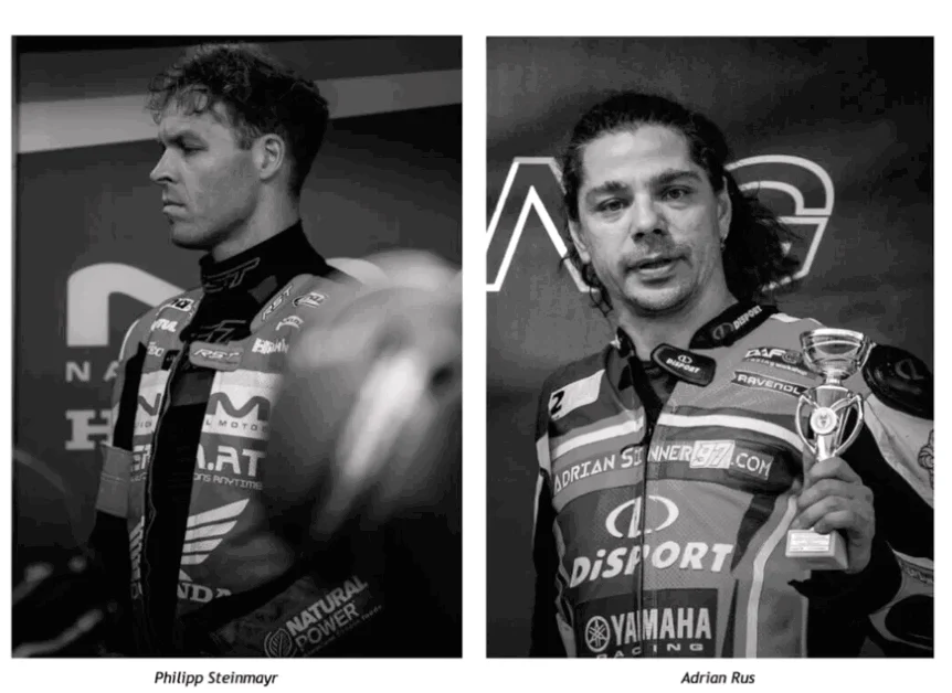 Dois pilotos de motociclismo em alta velocidade durante uma corrida FIM no circuito de Brno, República Tcheca, momentos antes de um trágico acidente que resultou em suas mortes.