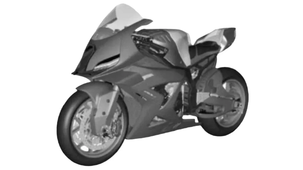 Imagem renderizada da BMW S 1000 RR 2027 em pista, com design inspirado na Concept RR e linhas aerodinâmicas.