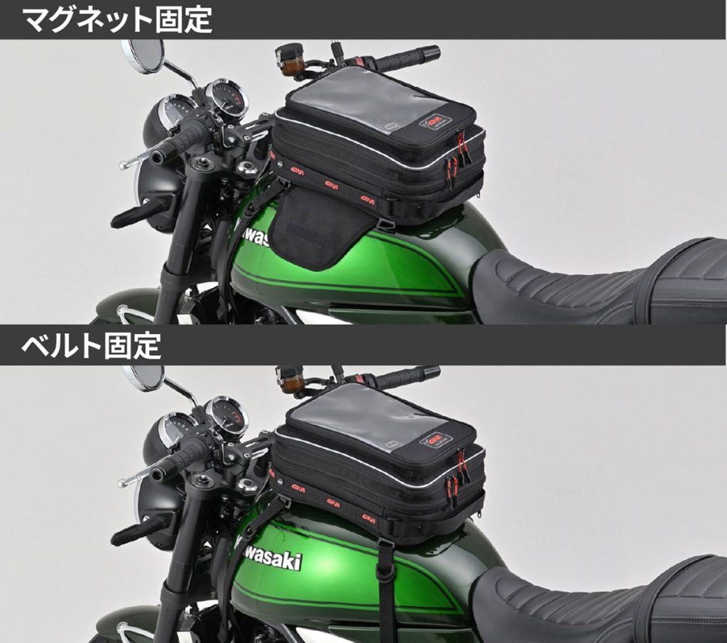 Bolsa de tanque GIVI CLA01 instalada em uma motocicleta neo-clássica, exibindo seu design retrô marrom e detalhes em couro, com capacidade expandida.