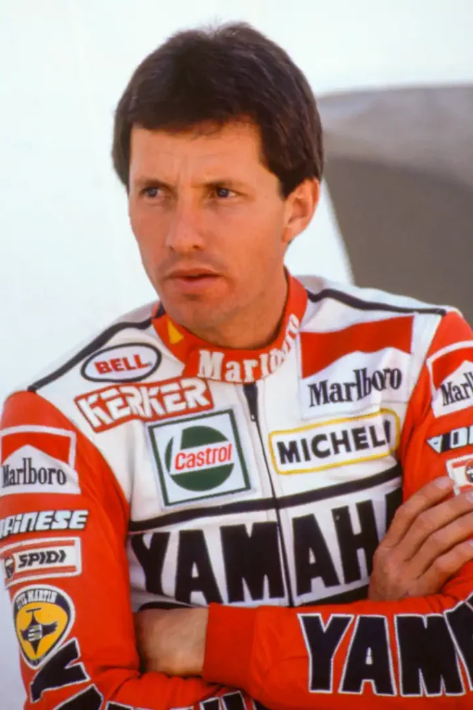 Seis campeões mundiais americanos da categoria 500cc Grand Prix, incluindo Kenny Roberts e Wayne Rainey, reunidos em uma foto promocional para o evento de Laguna Seca.