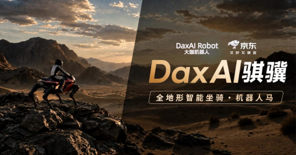Robô quadrúpede futurista, similar a um cavalo mecânico, explorando terreno irregular, representando a inovação em mobilidade robótica da China.