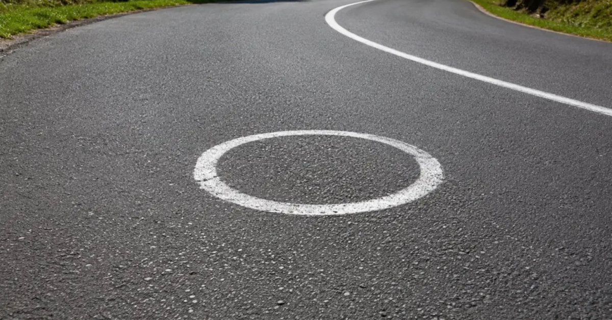 Círculos brancos pintados no asfalto de uma estrada sinuosa na Espanha, visando melhorar a trajetória e a segurança de motociclistas em curvas perigosas.
