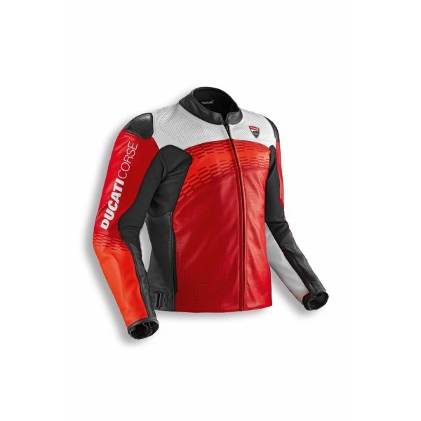 Casaco de couro Ducati Corse C7, em cores vibrantes inspiradas no MotoGP, com detalhes de design da Dainese e assinatura de Aldo Drudi