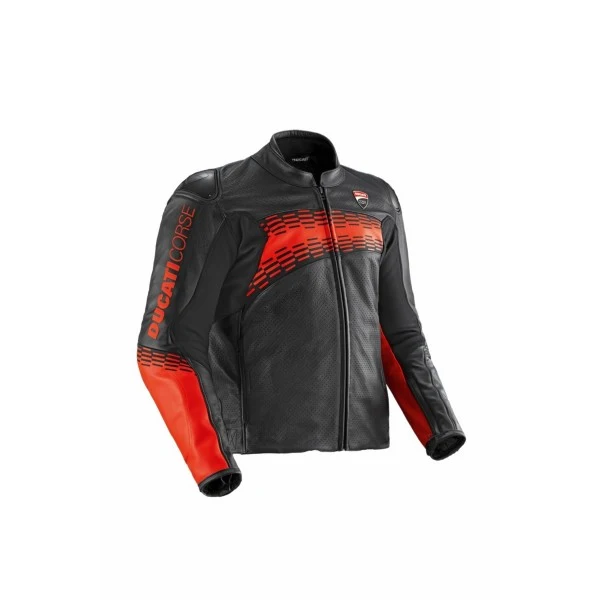 Casaco de couro Ducati Corse C7, em cores vibrantes inspiradas no MotoGP, com detalhes de design da Dainese e assinatura de Aldo Drudi