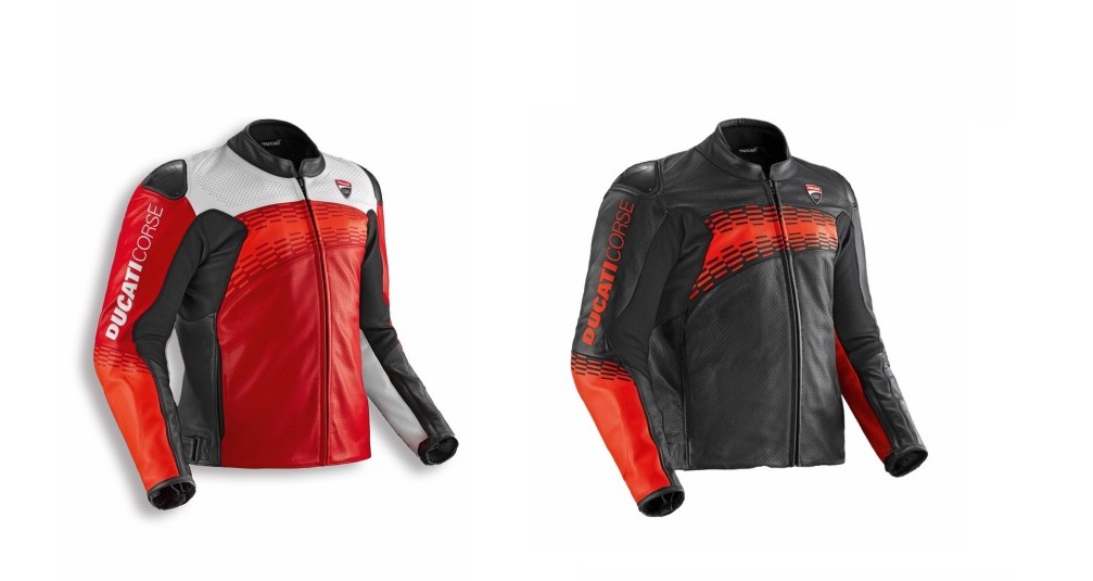 Casaco de couro Ducati Corse C7, em cores vibrantes inspiradas no MotoGP, com detalhes de design da Dainese e assinatura de Aldo Drudi