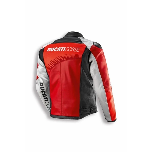 Casaco de couro Ducati Corse C7, em cores vibrantes inspiradas no MotoGP, com detalhes de design da Dainese e assinatura de Aldo Drudi