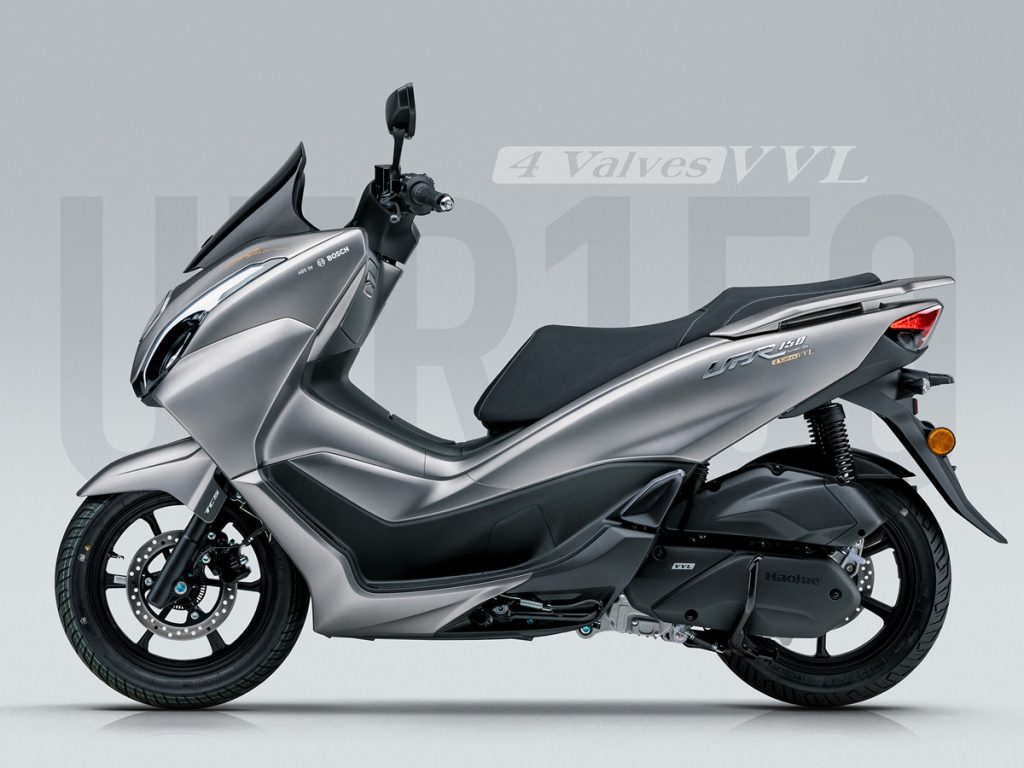 Scooter Haojue UFR150 VVL com design moderno, farol LED e painel TFT colorido, destacando sua tecnologia de ponta.