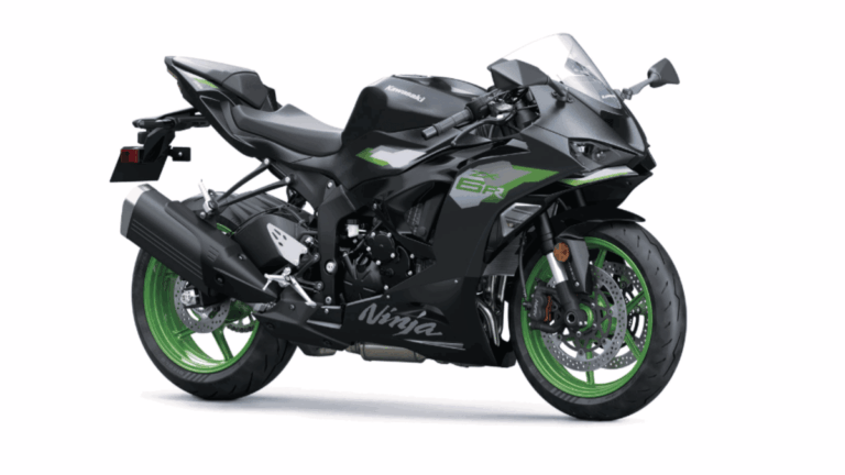 Kawasaki Ninja ZX-6R 2027 em uma pose dinâmica, exibindo seu novo design inspirado na ZX-10R e uma das novas opções de cores para o modelo.