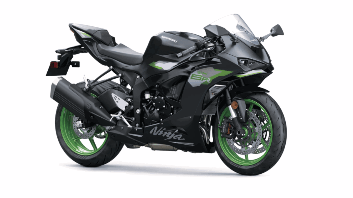 Kawasaki Ninja ZX-6R 2027 em uma pose dinâmica, exibindo seu novo design inspirado na ZX-10R e uma das novas opções de cores para o modelo.