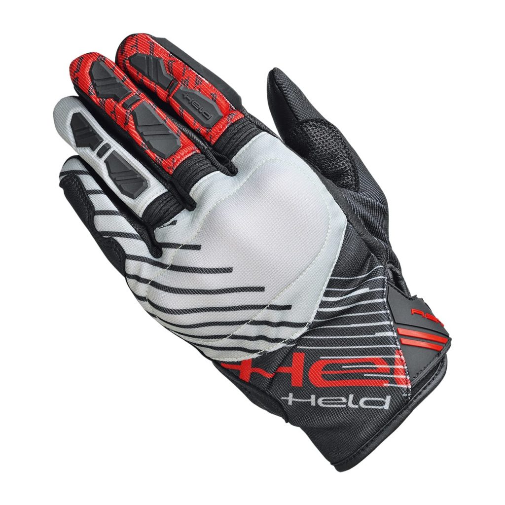 Três modelos de luvas Held de verão, Tactura, Hamada 2 e Sambia KTC 2, exibindo design leve, materiais respiráveis e proteções estratégicas, ideais para motociclistas em climas quentes.