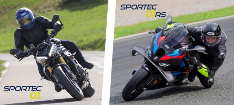 Motocicleta esportiva de alta performance em uma curva fechada, equipada com os novos pneus Metzeler SPORTEC 01 RS, destacando o desenho da banda de rodagem e a aderência.