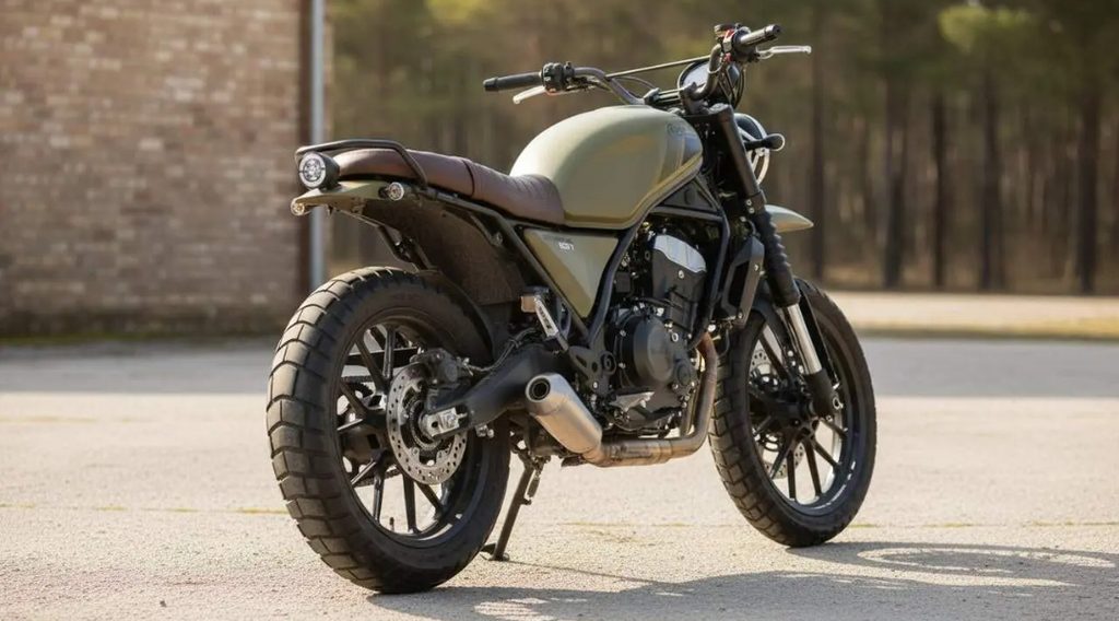 Rieju Scrambler 607 em destaque, exibindo seu design clássico e elementos modernos, pronta para o mercado europeu.