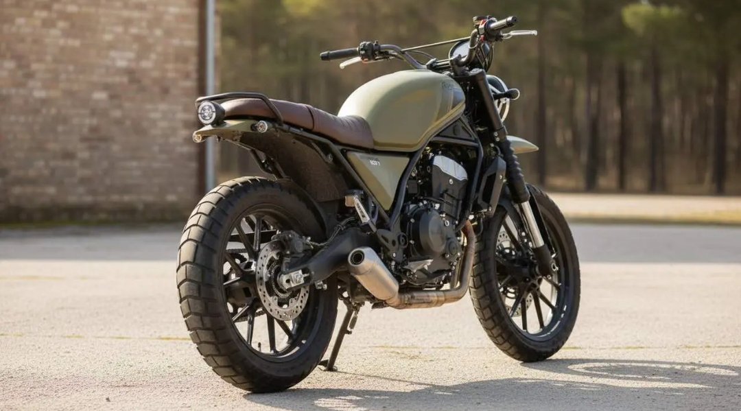 Rieju Scrambler 607 em destaque, exibindo seu design clássico e elementos modernos, pronta para o mercado europeu.