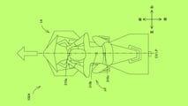 Desenho técnico detalhado da patente do Robô Cavalo Kawasaki, mostrando sua estrutura mecânica complexa e o piloto sobre a sela.