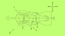 Desenho técnico detalhado da patente do Robô Cavalo Kawasaki, mostrando sua estrutura mecânica complexa e o piloto sobre a sela.