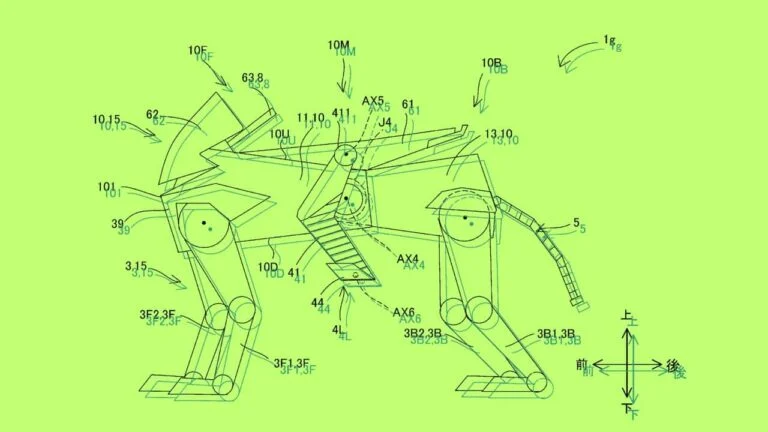 Desenho técnico detalhado da patente do Robô Cavalo Kawasaki, mostrando sua estrutura mecânica complexa e o piloto sobre a sela.
