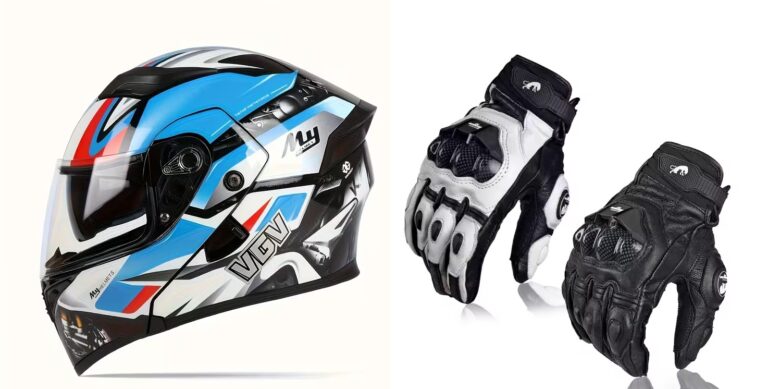 Diversos equipamentos de segurança para motociclistas, incluindo capacetes, luvas e jaquetas, expostos em uma prateleira de loja, simbolizando a importância da escolha consciente.