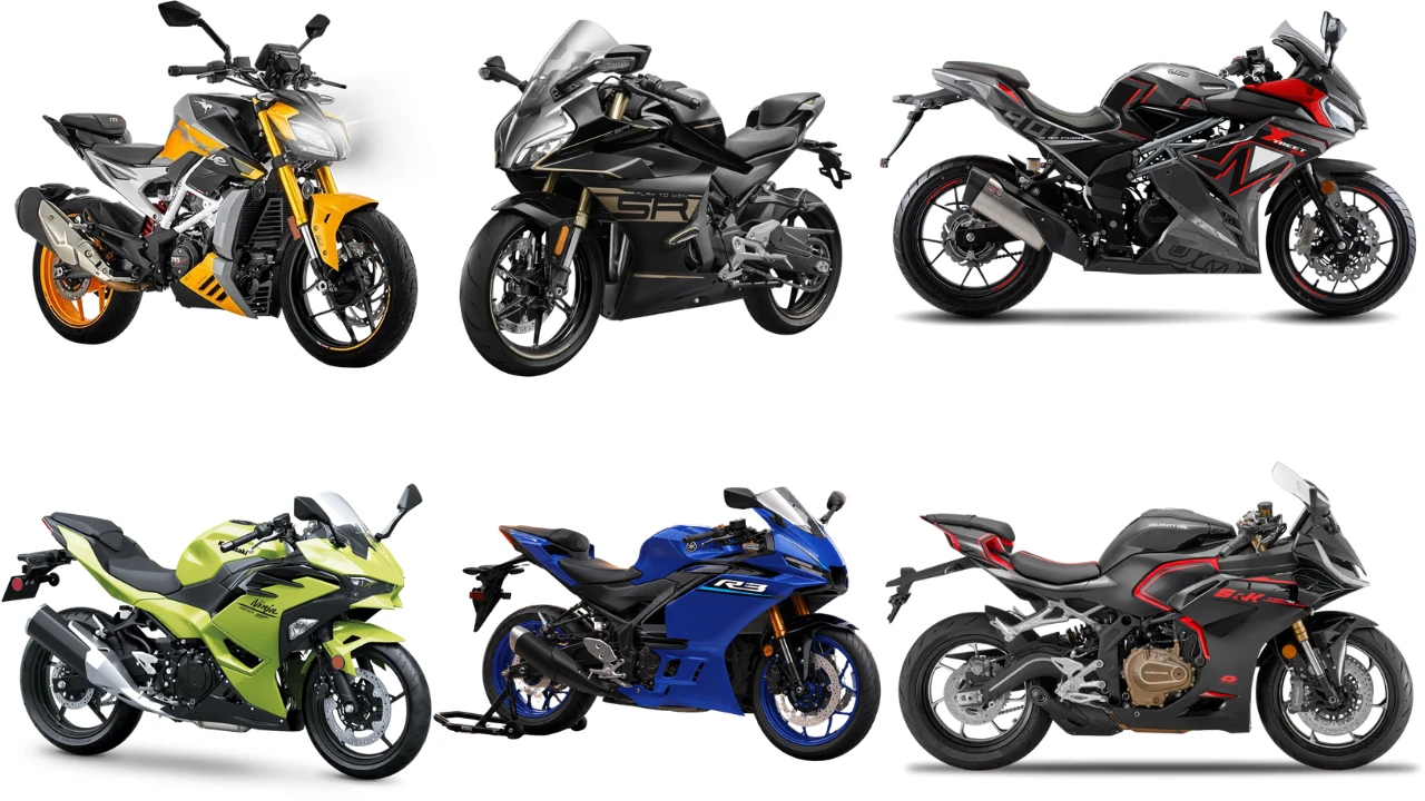 Comparativo de motos esportivas de 300 a 500 cc, destacando Yamaha R3, Kawasaki Ninja 500, TVS Apache RTR 310, CFMOTO 450SR e UM Xtreet SS 401.