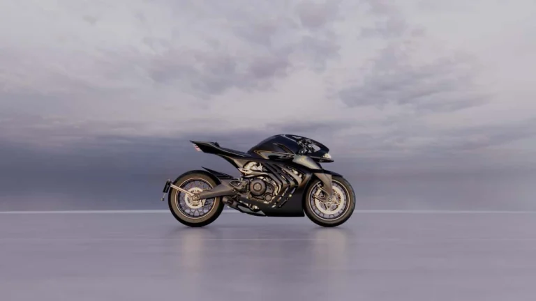 Aston Martin Brough Superior AMB 002 Roadster preta e dourada em movimento em uma estrada, destacando seu design futurista e exclusivo.