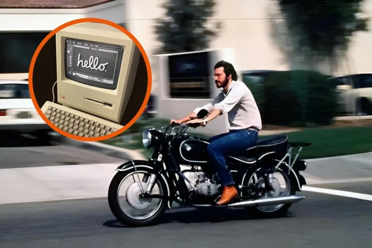 Steve Jobs em sua BMW R60/2 preta, uma moto clássica com design atemporal.