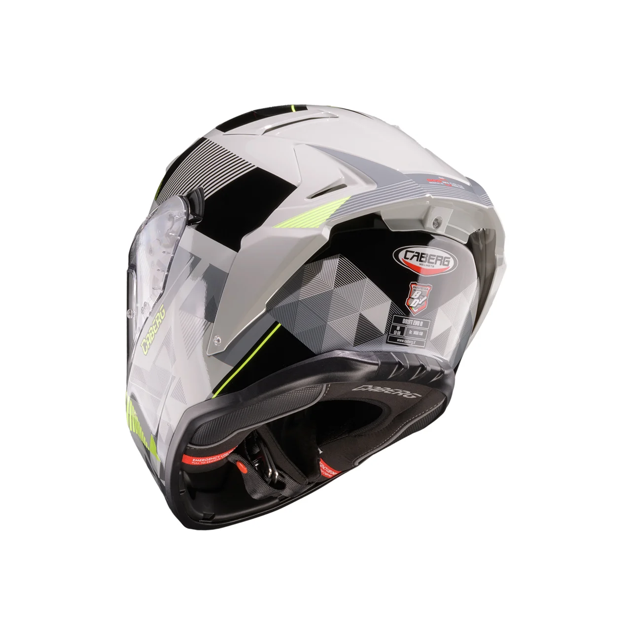 Capacete Caberg DRIFT EVO II 2026 com o novo grafismo PRISM em tons de cinza, preto e amarelo fluo, destacando seu design aerodinâmico e viseira solar DVT.