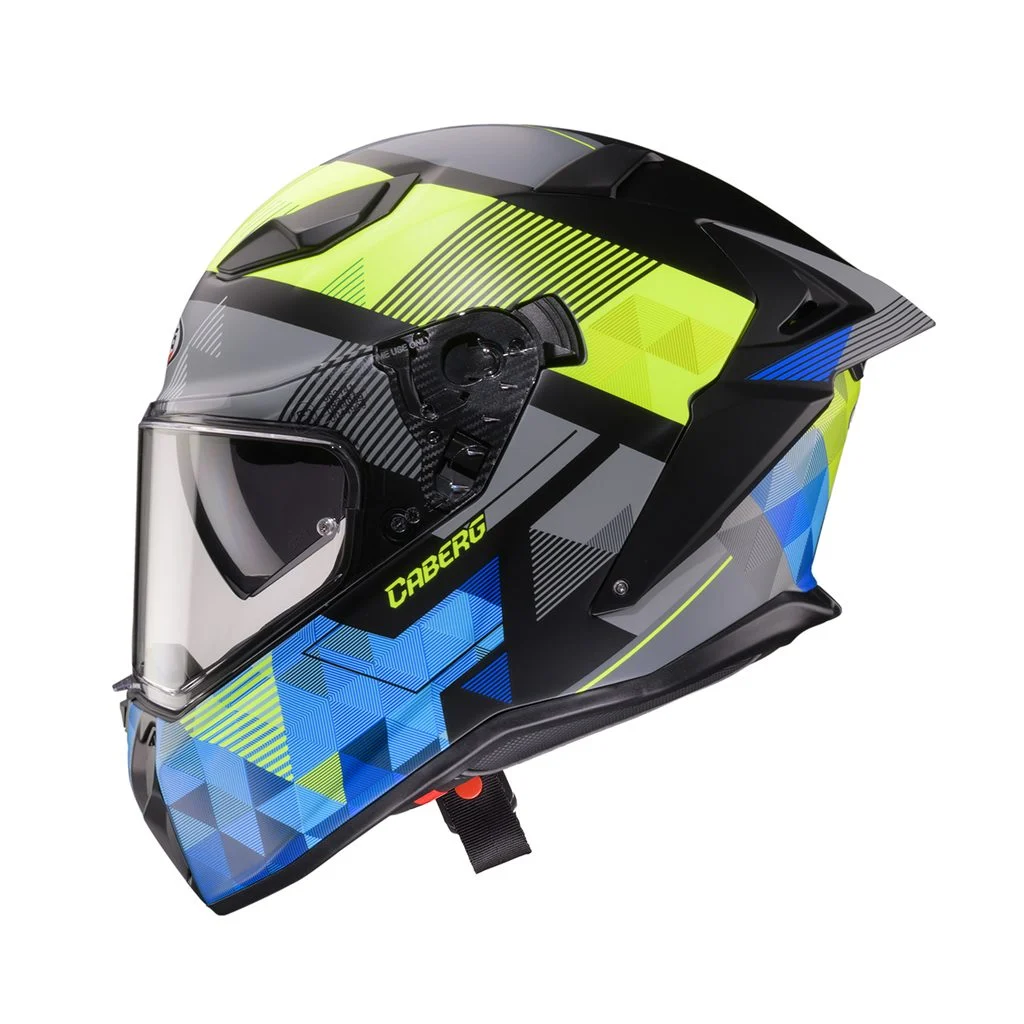 Capacete Caberg DRIFT EVO II 2026 com o novo grafismo PRISM em tons de cinza, preto e amarelo fluo, destacando seu design aerodinâmico e viseira solar DVT.