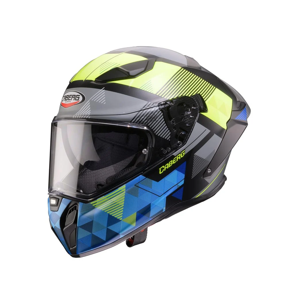 Capacete Caberg DRIFT EVO II 2026 com o novo grafismo PRISM em tons de cinza, preto e amarelo fluo, destacando seu design aerodinâmico e viseira solar DVT.