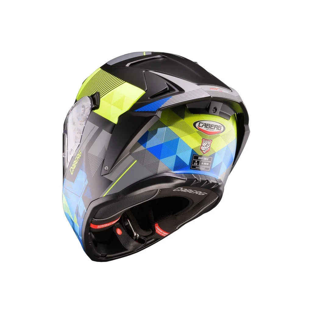 Capacete Caberg DRIFT EVO II 2026 com o novo grafismo PRISM em tons de cinza, preto e amarelo fluo, destacando seu design aerodinâmico e viseira solar DVT.