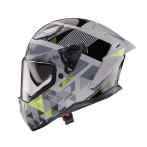 Capacete Caberg DRIFT EVO II 2026 com o novo grafismo PRISM em tons de cinza, preto e amarelo fluo, destacando seu design aerodinâmico e viseira solar DVT.
