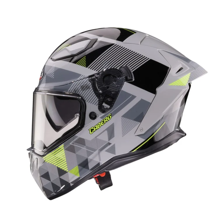Capacete Caberg DRIFT EVO II 2026 com o novo grafismo PRISM em tons de cinza, preto e amarelo fluo, destacando seu design aerodinâmico e viseira solar DVT.