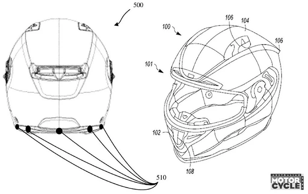Capacete inteligente GoPro com design futurista e sistema integrado de detecção de veículos por som e monitoramento de ângulo morto, aumentando a segurança do motociclista.